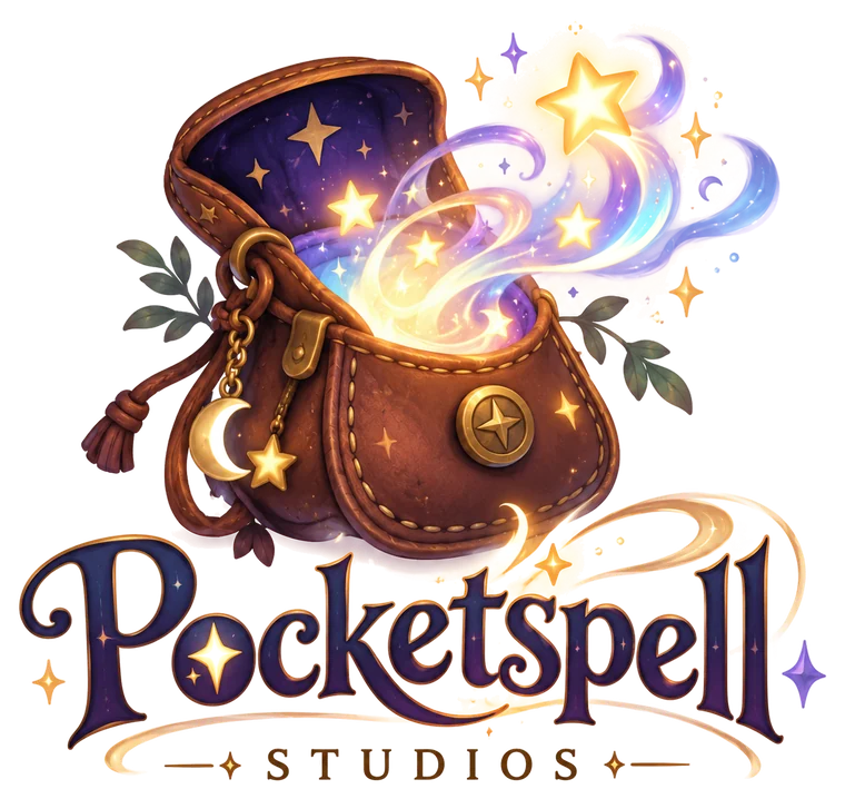 Pocketspell Studios logo: a leather pouch spilling glowing stars